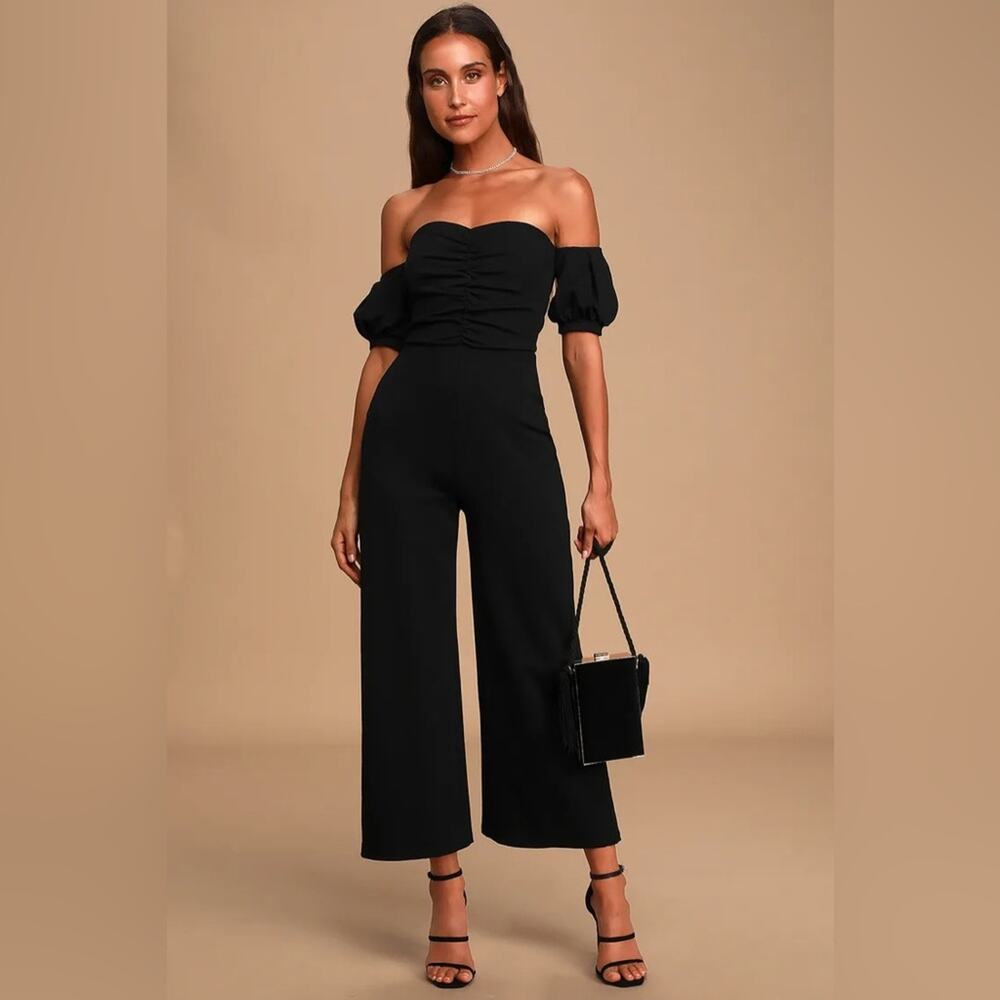 LULUS Impress Release Black Off the Shoulder Puff Sleeve Jumpsuit Size Large NWT